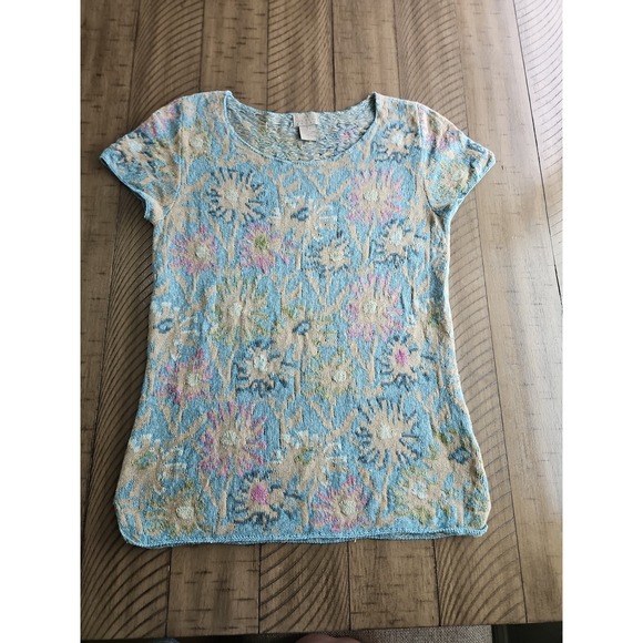 Sigrid Olsen Tops - VTG Sigrid Olsen Top S Pink Blue Knitted Floral Linen Cotton Coastal Cottage